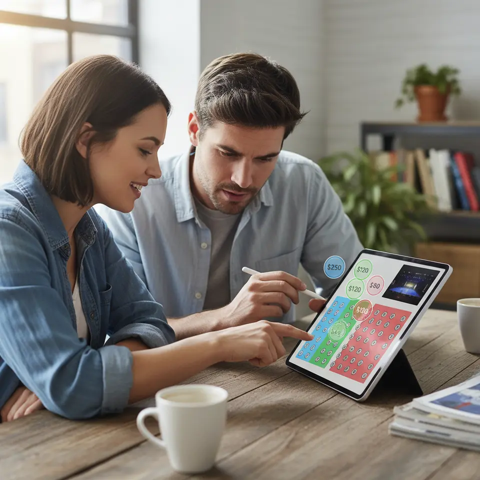 A user interacting with a digital interactive seating map on a tablet or laptop: color-coded sections, clickable seat icons, real-time price tags overlayed, and a small preview window showing the view from the selected seat