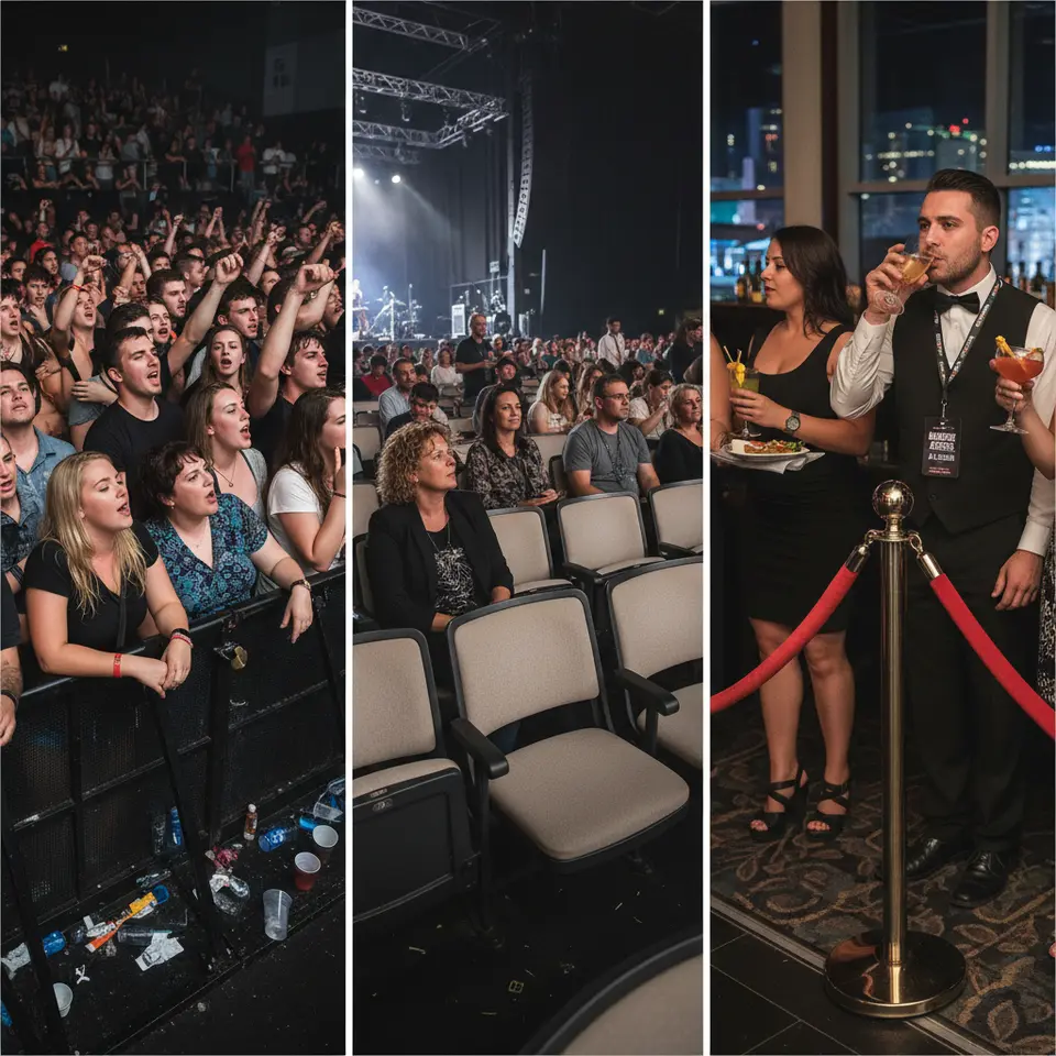 A visual comparison of ticket categories: on the left, a crowded general-admission standing-room area; in the center, reserved seating with numbered rows and chairs; and on the right, an exclusive VIP lounge with velvet ropes, complimentary drinks, and a backstage access badge