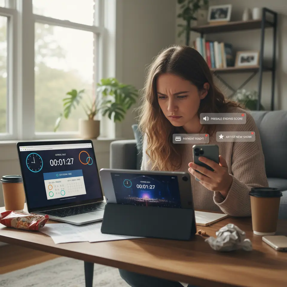 A dynamic event ticket purchase timeline: a colorful calendar page marked with presale and general sale dates, browser windows showing countdown timers, push-notification alerts popping up on a smartphone, and a user juggling multiple devices to snag front-row seats.