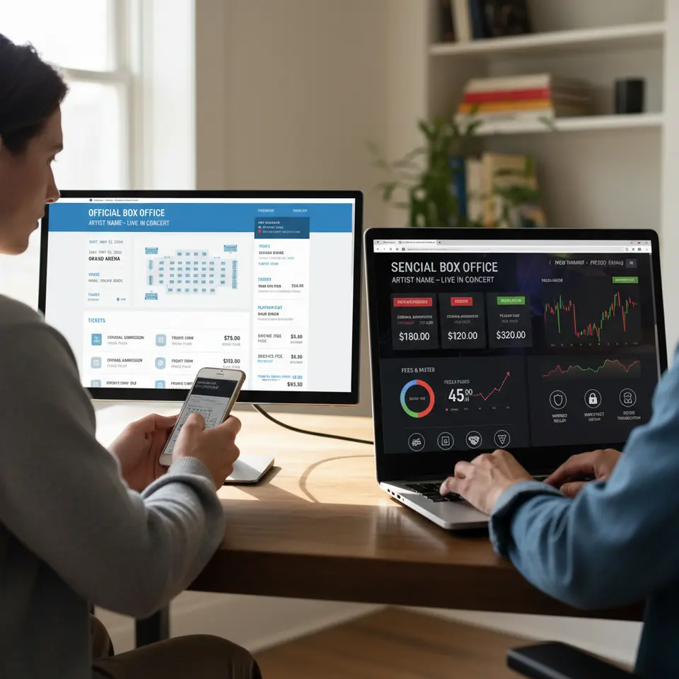 Side-by-side ticket marketplace comparison: on the left, an official box office webpage displaying face-value ticket prices and transparent service fees; on the right, a secondary resale site screen with fluctuating price tags, a fee breakdown graphic, dynamic demand chart, and trust-badge icons for seller guarantees.