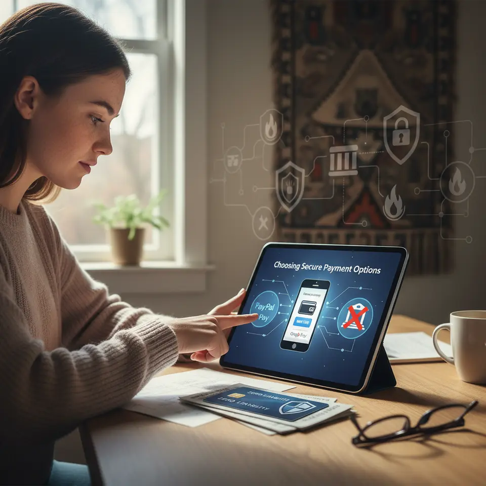 Choosing Secure Payment Options: An arrangement of payment methods—a credit card emblazoned with a shield labeled “Zero Liability,” a smartphone screen showing digital wallet icons (PayPal, Apple Pay, Google Pay) surrounded by encryption lines, and a bank-transfer icon with a red “X”—all set against a backdrop of data-security symbols.
